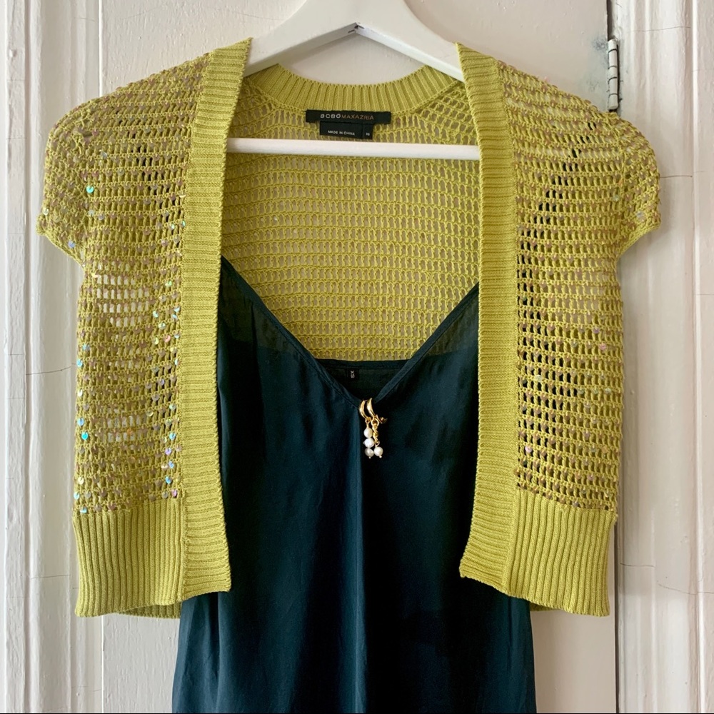 BCBGMaxAzria 100% silk sequin crop cardigan, size XS